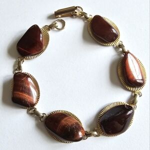 Vintage red tiger eye stone bracelet Tigers  Eye rock gemstone gold tone brown